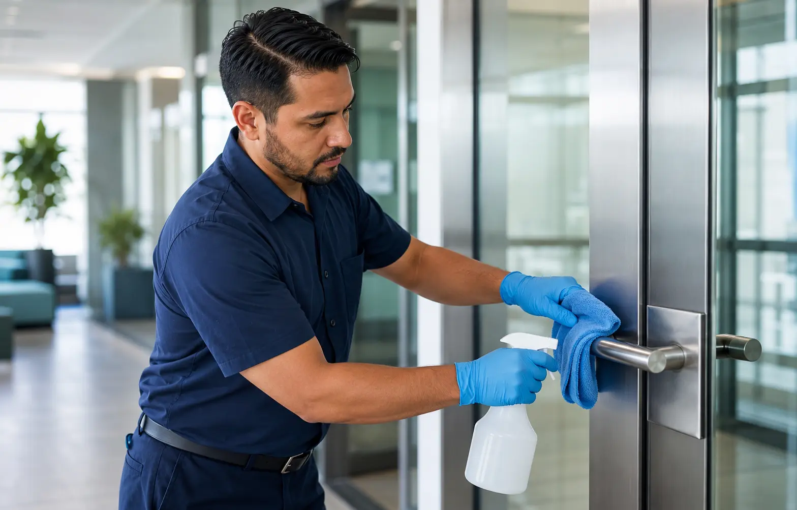 Professional cleaner disinfecting a high-touch office door handle