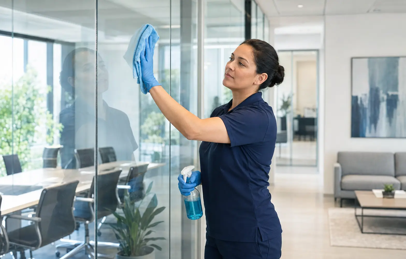 Professional cleaner wiping a glass partition in a modern office