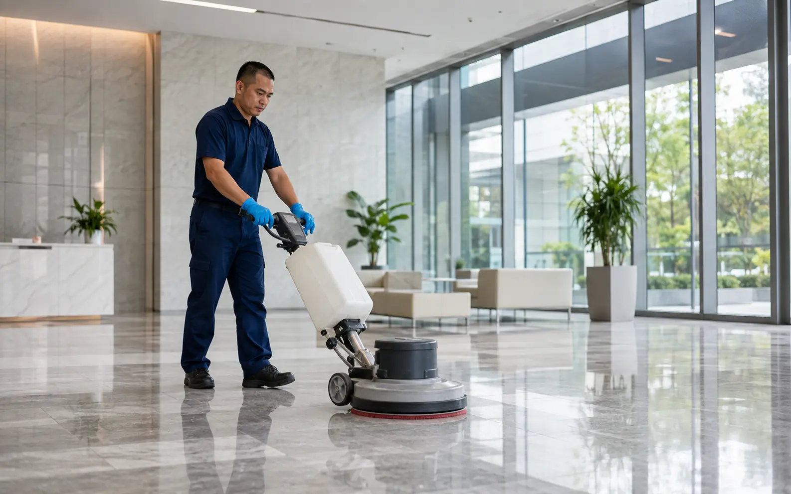 Professional cleaner operating a floor scrubber in a commercial lobby