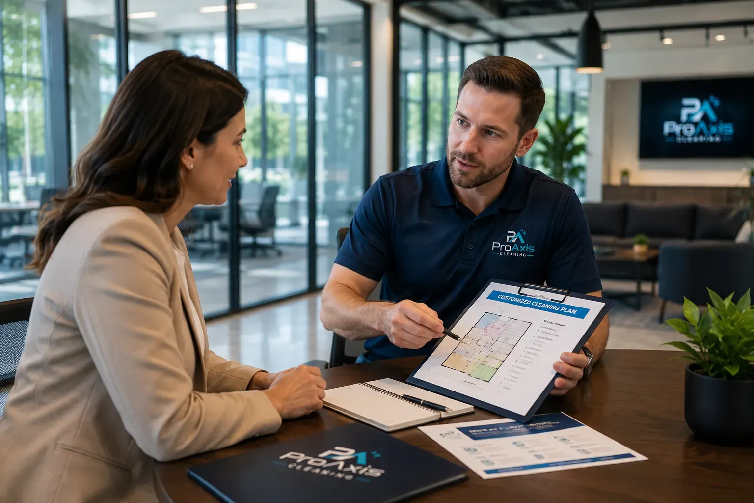 Manager reviewing a customized cleaning plan with a client