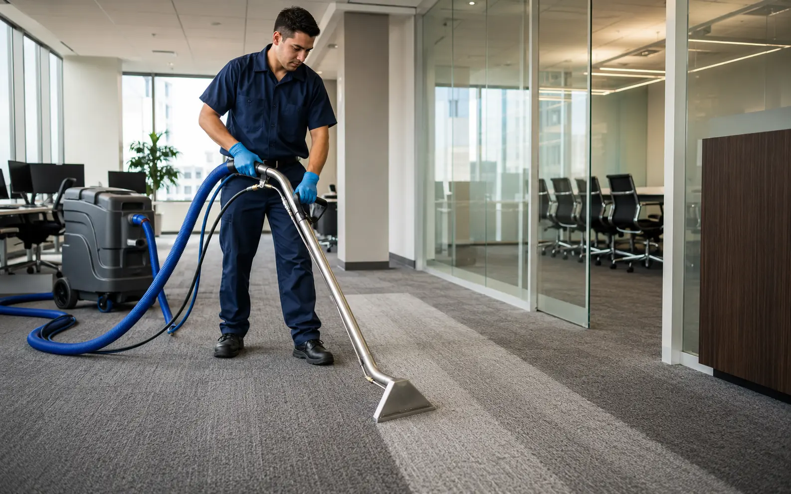 Professional cleaner extracting soil from commercial office carpet