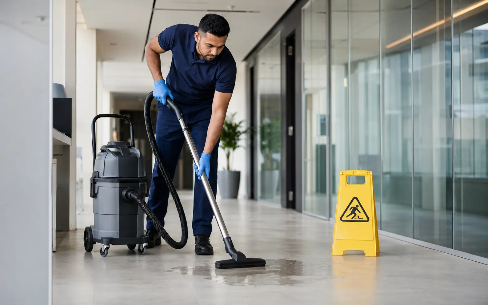 Professional cleaner responding to a water spill with commercial equipment