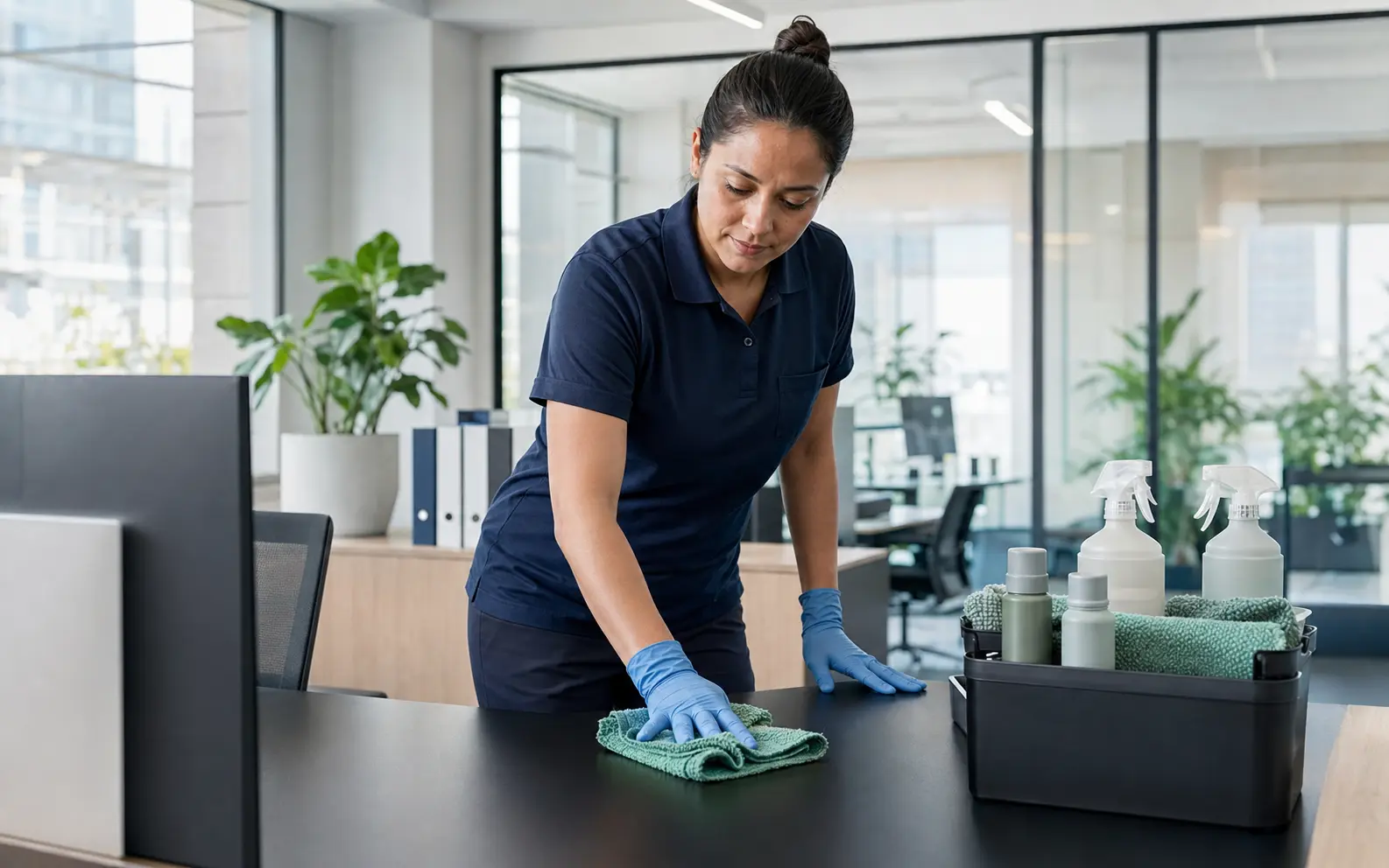 Professional cleaner using refillable eco-conscious cleaning supplies
