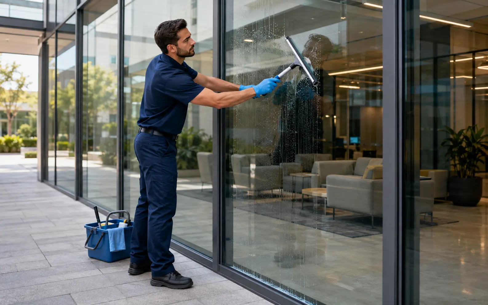 Professional cleaner using a squeegee on a large commercial window